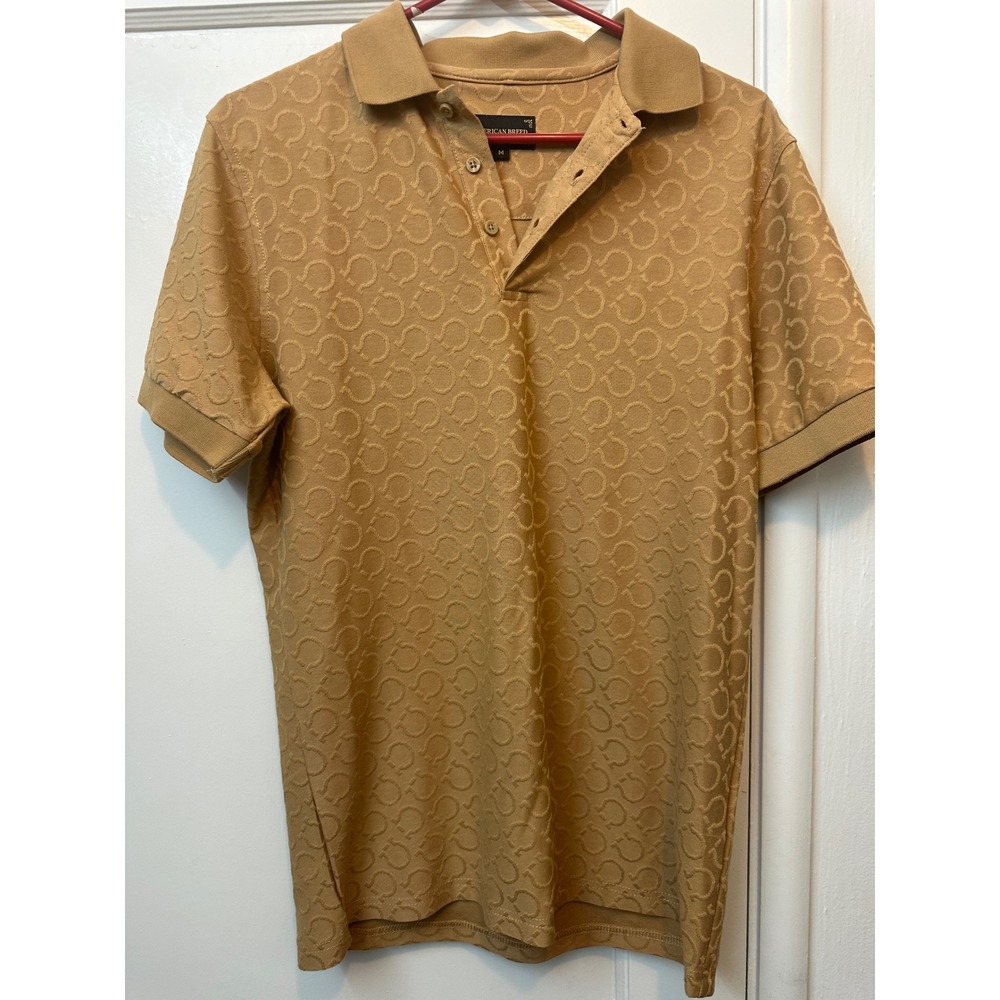American Breed Mens Camel Tan‎ Horseshoe Embossed Polo Shirt RN 140191 Size M